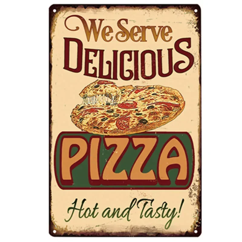 Vintage Tin Pizza Sign - Retro Metal Wall Art for Dining Room or Restaurant Decor
