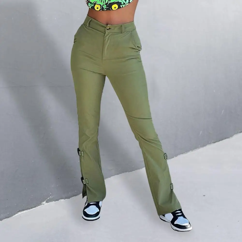

High-Waist Elastic Waist Pockets Side Split Ankles Women Trousers Soft Casual Straight Slim Pencil Pants Streetwear