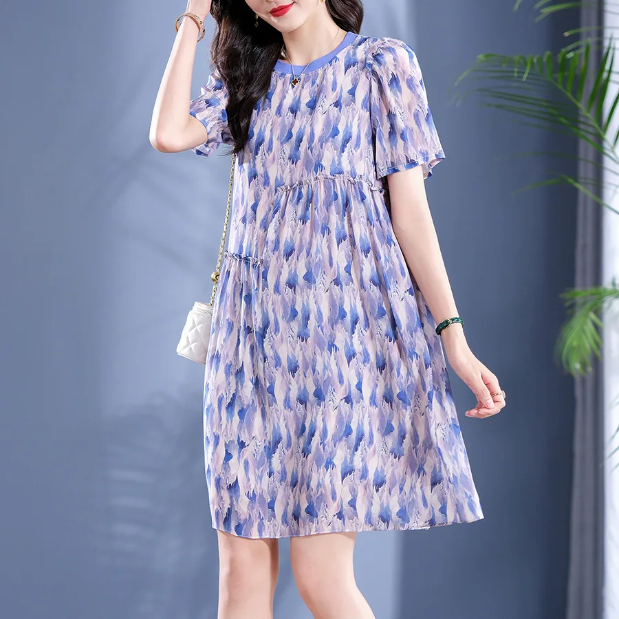 

Birdsky, 1PC Women mini loose dress rib collar short sleeve A line 100% real mulberry silk abstract cloudy print, S-713