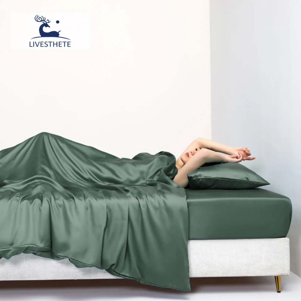 Liv-Esthete Pure Green 100% Silk Bedding Set Solid Color Flat Sheet Pillowcases Queen King Quilt Cover Bed Sets For Sleep Gift