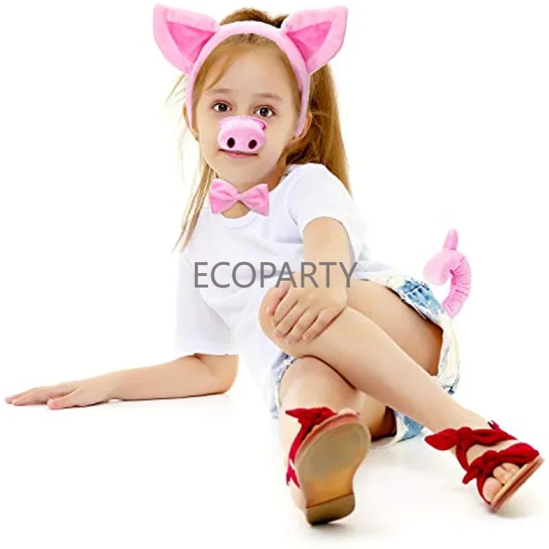 Pig Costume Set Pig Ears Nose Tail and Bow Tie Pink Fancy Dress Costume Kit Accessories for Kids Halloween Dress-up Play