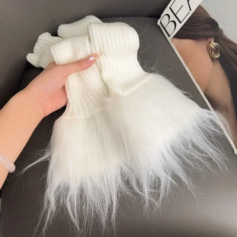 Lolita Warm Sweet Stockings Furry Black White Boot Cover Socks Plush Knitting Leg Warmers Women Winter Long Faux Fur Stocking