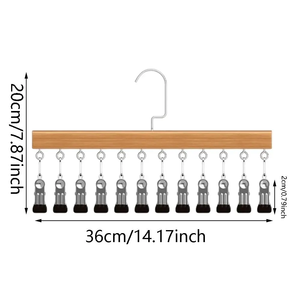 High Quality 360°Rotation Wood Hanger Stainless Steel 10/12 Clips Drying Rack No Trace Multi-function Storage Rack Socks Hanging