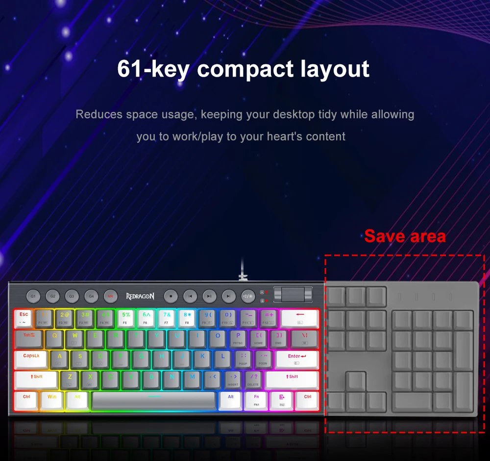 Redragon soraka k647 rgb usb mini slim ultra-thin designed wired mechanical gaming keyboard red switch 61 keys for compute pc