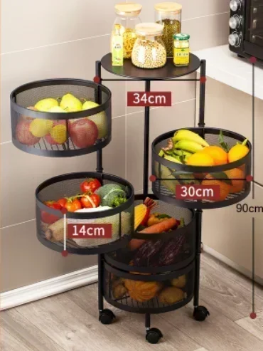 Kitchen Storage Round Rotating Trolley Fruit Vegetable Floor Shelve Installation-free Racks Multi-storey Snack Flavoring Basket storage rack