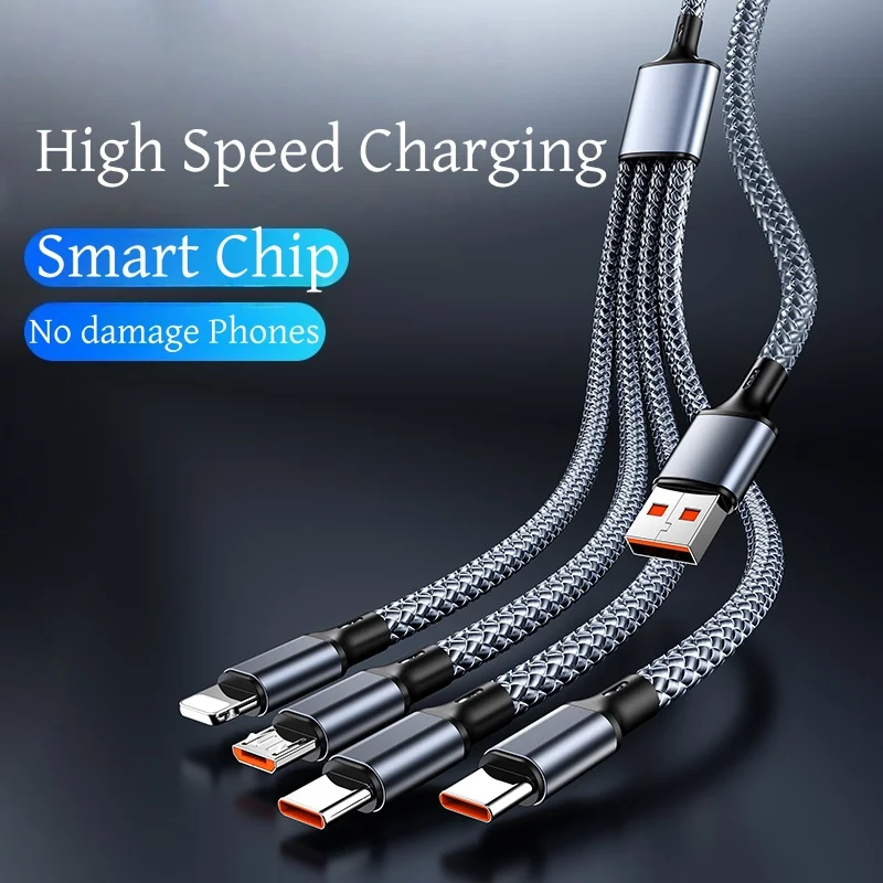 4-in-1 브레이드 나일론 데이터 케이블: USB-A에서 4개의 USB-C 포트로 연결된 고속 충전 케이블로 여러 기기 동시 사용 가능
