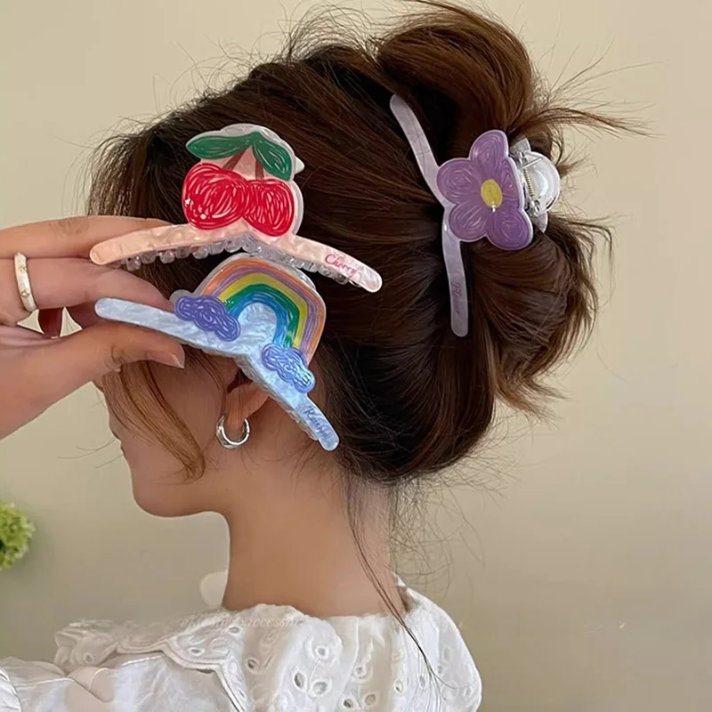 

New Cartoon Cherry Rainbow Bow Hair Claw Clip Acrylic Printed Colorful Crab Hair Clips Shark Clip for Woman Hair Accessories