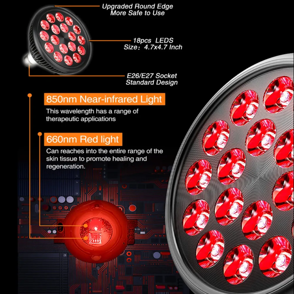 E27 LED Red 54W Light Therapy Lamp 660nm&850nm Infrared Bulb for Skin Care Pain Relief 360° Adjustable - immagine 2