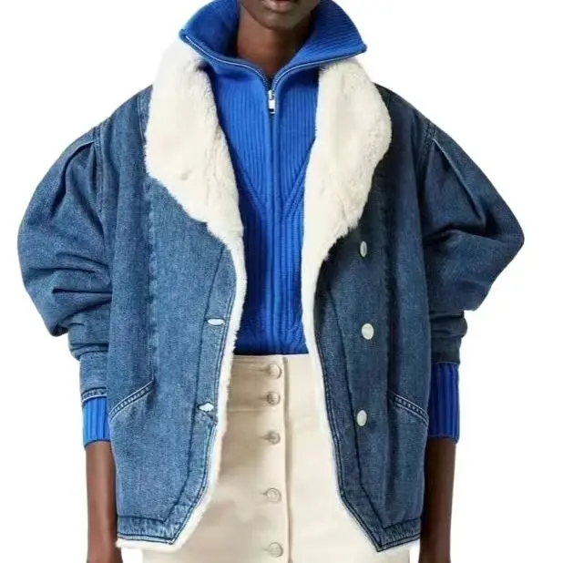 ISB new two-color denim warm lining fur Lapel temperament commuter coat
