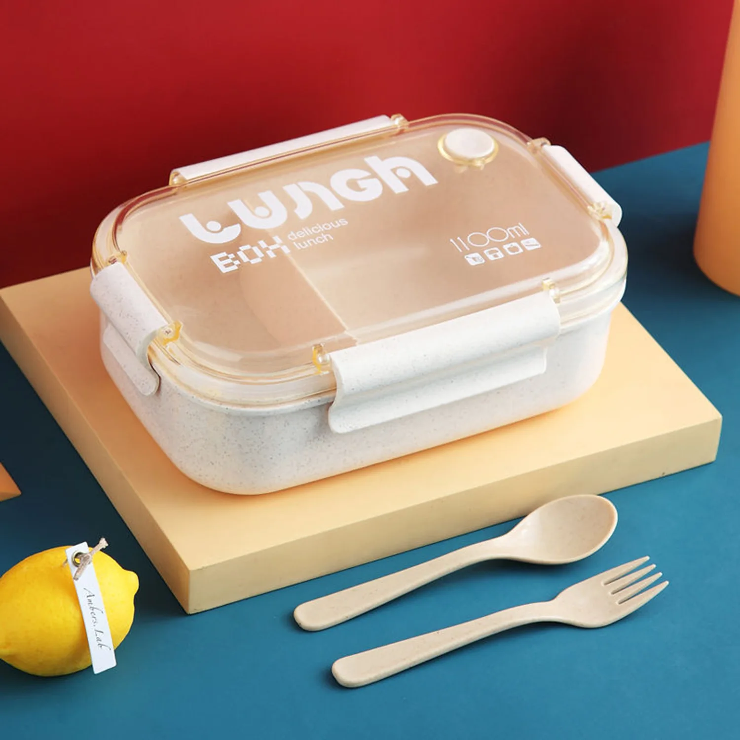 1100ml Wheat Straw Lunch Box Student Lunch Box Sealed/Divided Box with Tableware Can be Microwave Heated lunch box portable food storage box