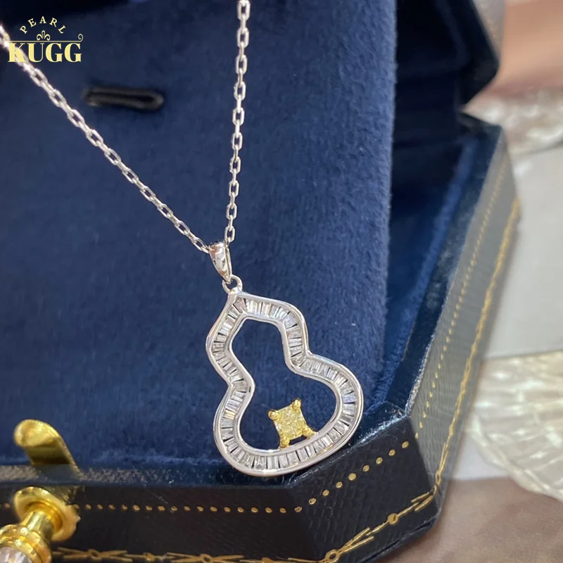 

KUGG 18K White Gold Necklace Luxury Real Natural Yellow Diamond Chain Luck Gourd Shape Wedding Jewelry for Women Engagement