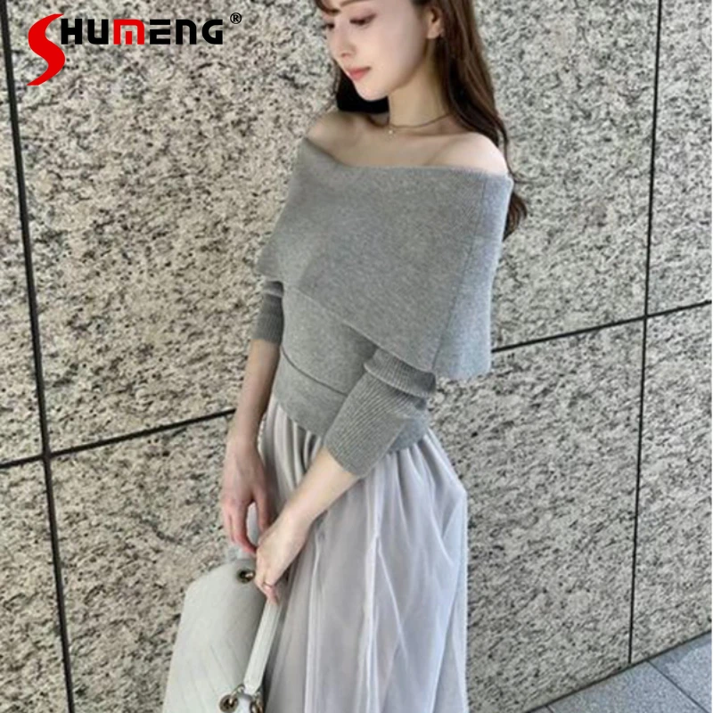 

2023 Autumn New Women's Dresses Shawl Off-Neck Mesh Floral Print Stitching Sweaters Dress Long Sleeve Slim Fit Vestidos De Mujer