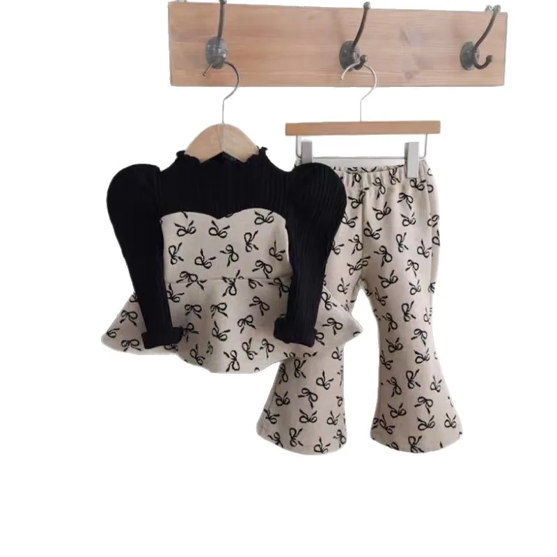 2025 가을 신상 아동 긴팔 옷 세트 여아용 달콤한 리본 프린트 셔츠 + 플레어 팬츠 2피스 세트 아동 캐주얼 의상