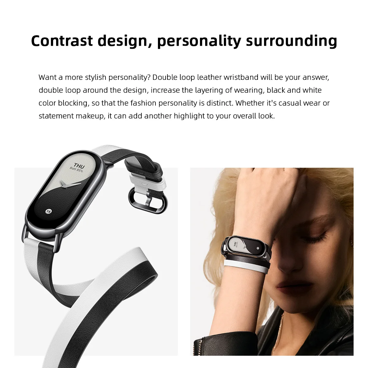 For Xiaomi Mi Band 8 Smart Accessory Button-Detach Pendant Running Pod TPU  Genuine Leather Biloop Braid Grid Openwork Strap