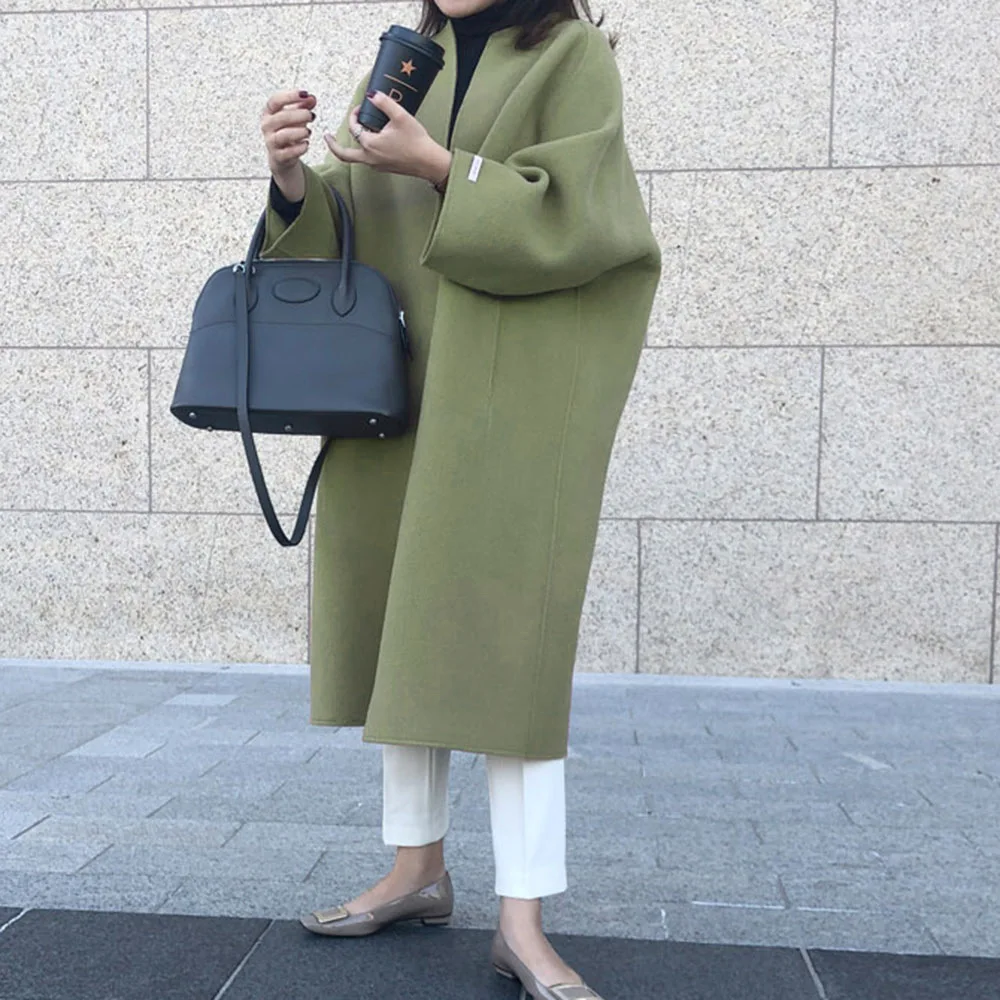 Women Cardigan Blends Round Neck Long Coats Casual Straight Wool Coat Loose Fit Full Sleeve Solid Splice Outwear Regular 2025 - 2