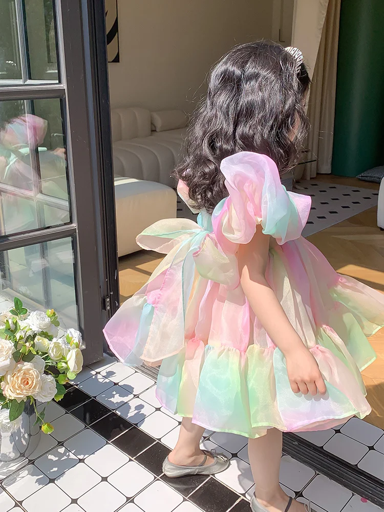 

Princess Dress Girls' Bubble Short Sleeve Summer Children's Rainbow Gradient Baby Cute Elegant Fashion Dresses 1-10 Yrs