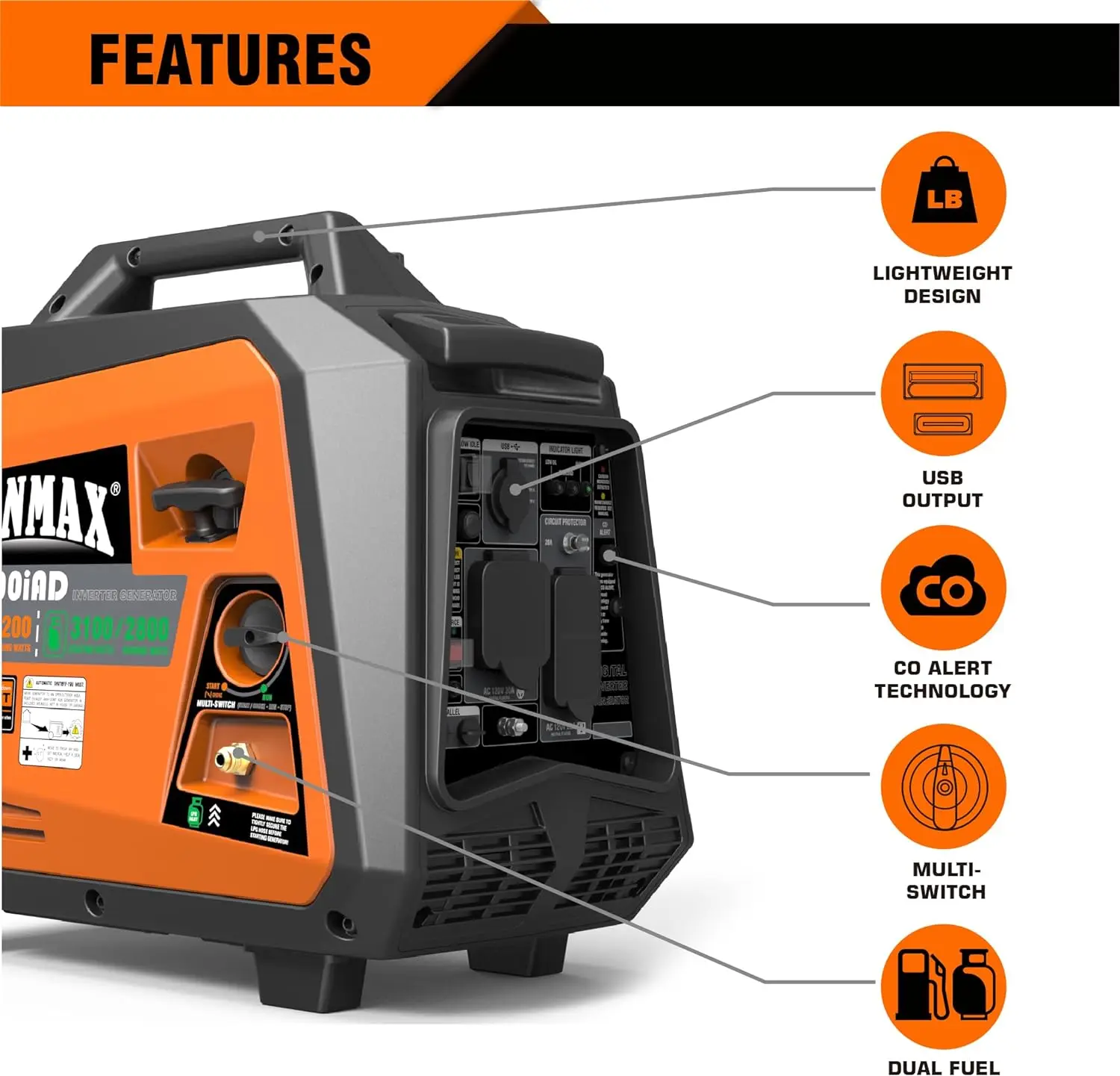 NEW Portable Inverter Generator 3500W Super Quiet Gas or Propane Powered Engine with Parallel Capability Manual start