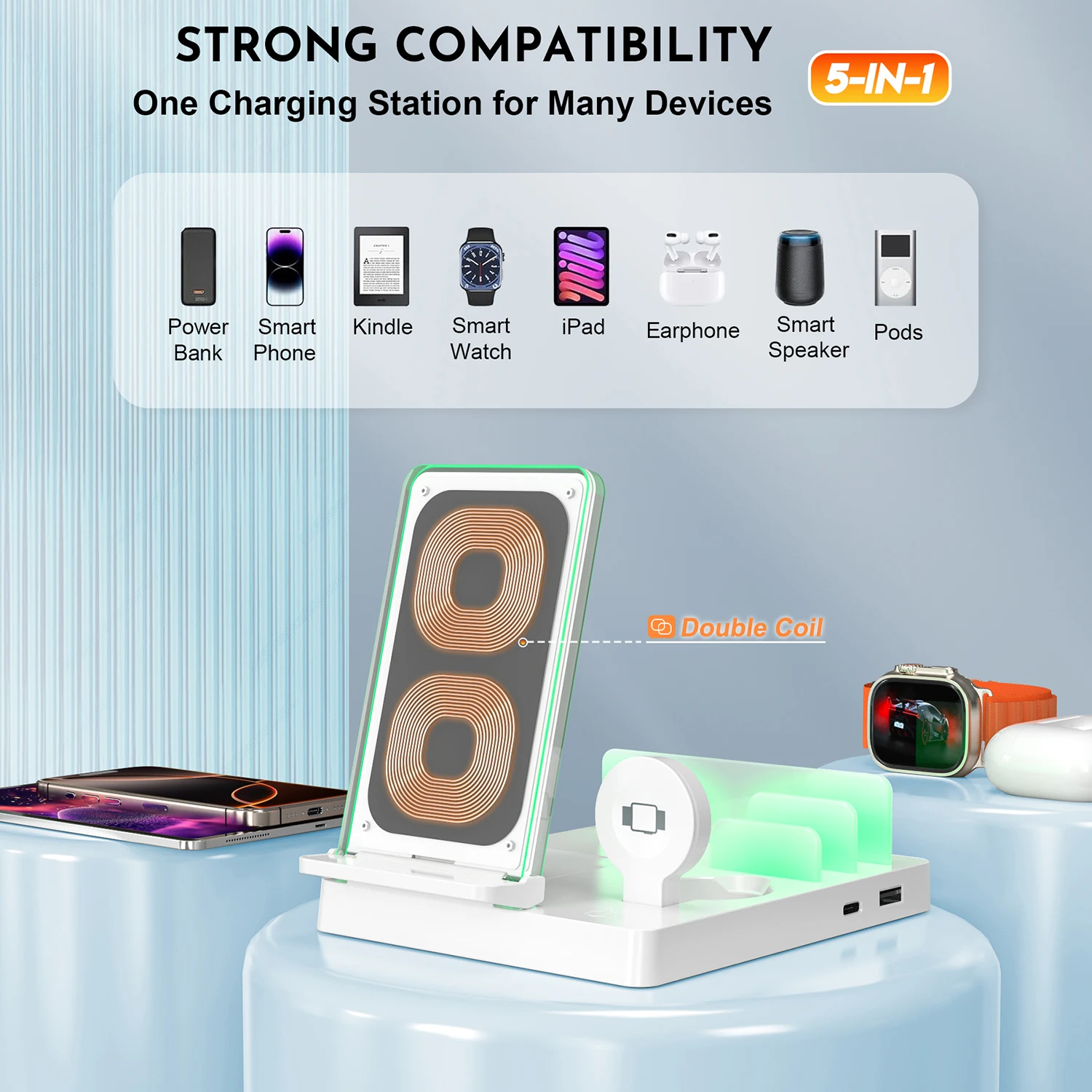 5 in 1 Wireless Charger Desktop Charging Organizer Stand For iPhone 16~12 Pro Max Apple Watch AirPods Pro USB PD Output Charging