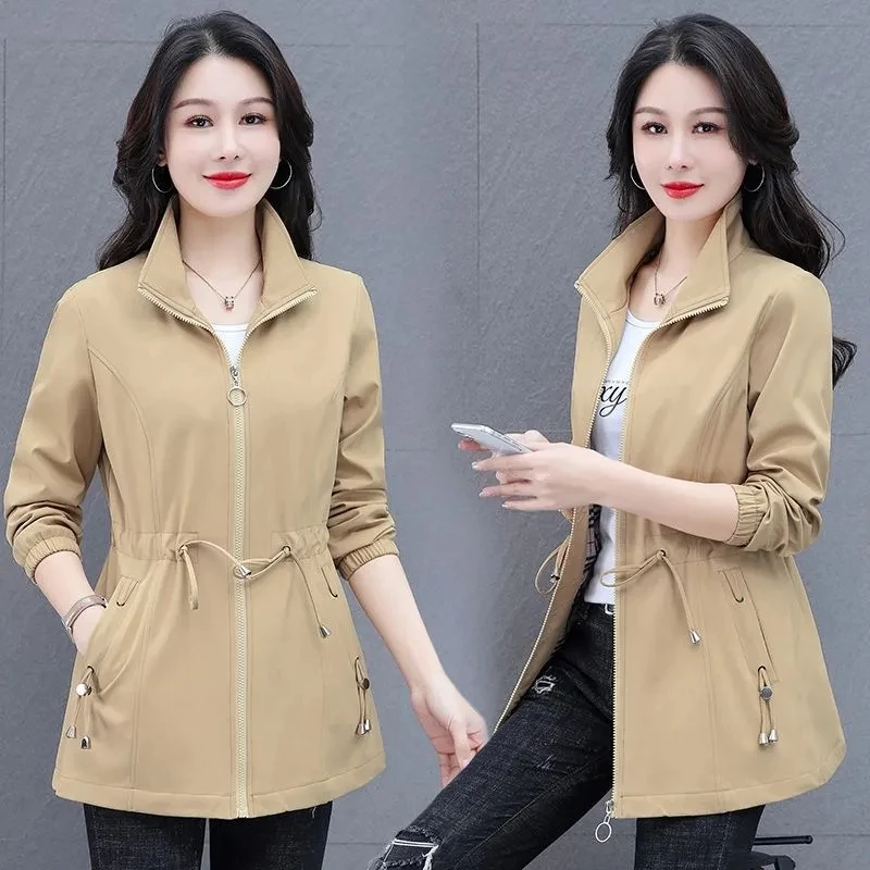 Vintage Spring And Autumn Stand Collar Jacket Mid Long Sports Women's Trench Lining Casual Fashion Waist Wrapped Women's Jacket
