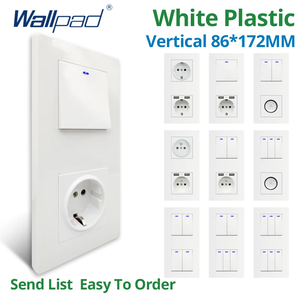 Wallpad-vertical Wall Light Switch com Led Dual Usb Charge Port Tomada ue Painel de Plástico Branco Gang Gang Gang 172*86 Milímetros