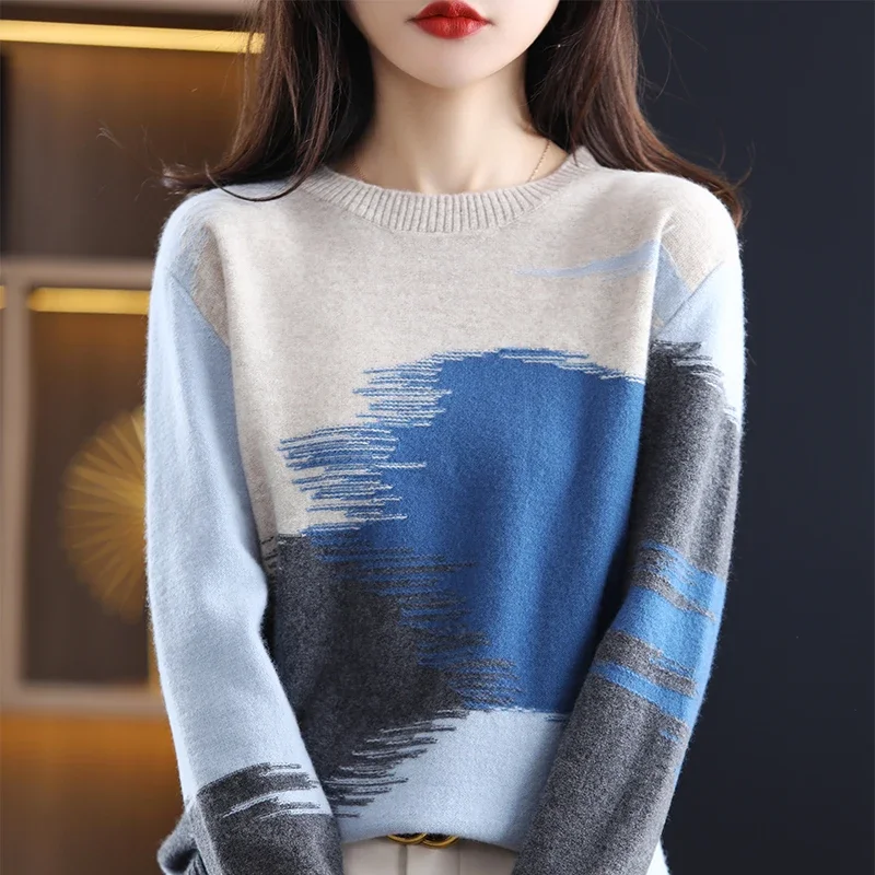 

Autumn Korean Fashion Cashmere Sweater Women Round Collar Pathcwork Color Pullover Wool Sweater Knit Tops Loose Clothes 28229