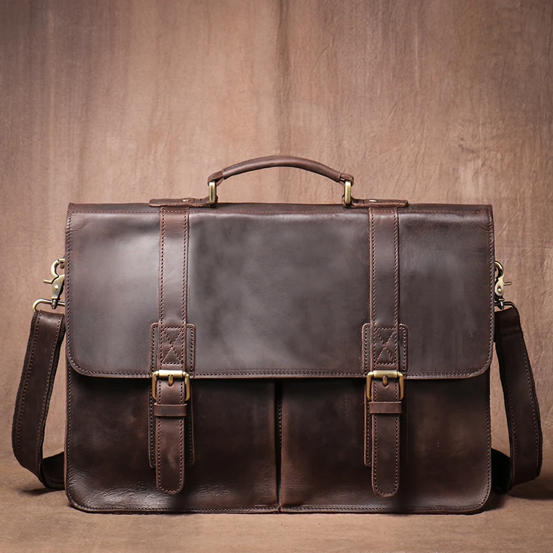 LUOKIR Vintage Crazy Horse Briefcase Travel Genuine Leather Handbag Luxury Men's Messenger Computer Shoulder Bag 14 Inch Laptop 2