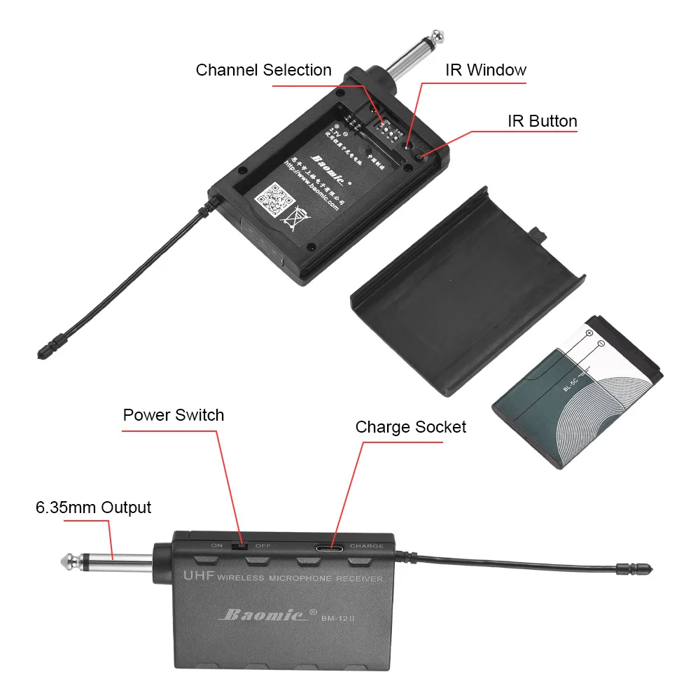 Baomic BM-12/V2 Professional UHF Wireless Instrument Microphone System Receiver & Transmitter 16 Channels for Sax Saxophone