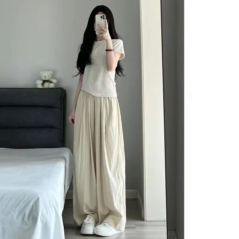 

Cotton and Linen Pleated Women Summer New High Waist Affordable Elastic Waist Casual Solid Color Large Size Loose Trousers