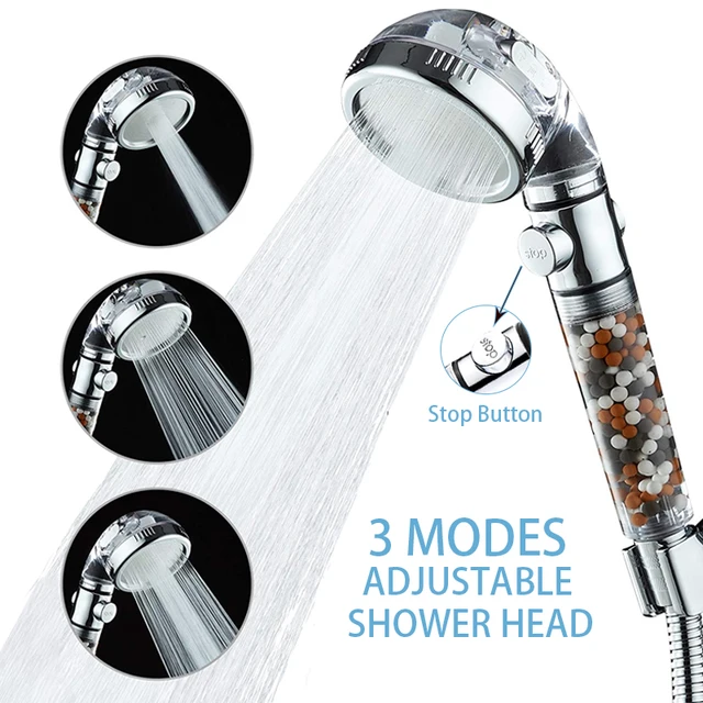 New Bathroom 3 Modes Adjustable High Pressure Shower Head SPA With Switch Stop Button Anion Filter Bath Head Water Saving Shower