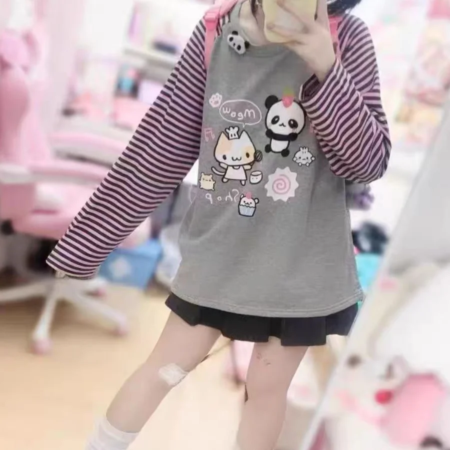Cartoon Print Cute Girl's Casual Tops & Tees New Matching Sweet Female T-shirts Y2K Youth Women's Blouses Kawaii Cotton T-shirts 6
