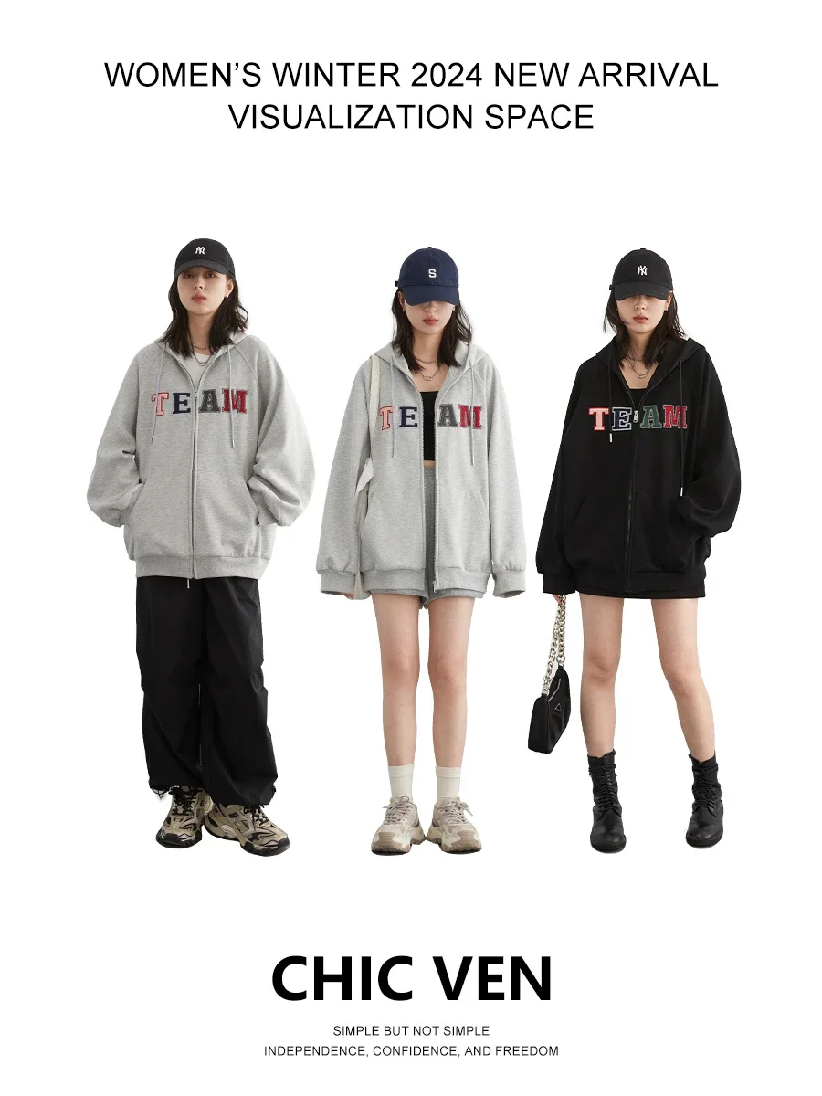 Women's Sweatshirts Casual Loose Letter Printed Hoodie Fleece Coats Streetwear Female Clothes Spring Autumn