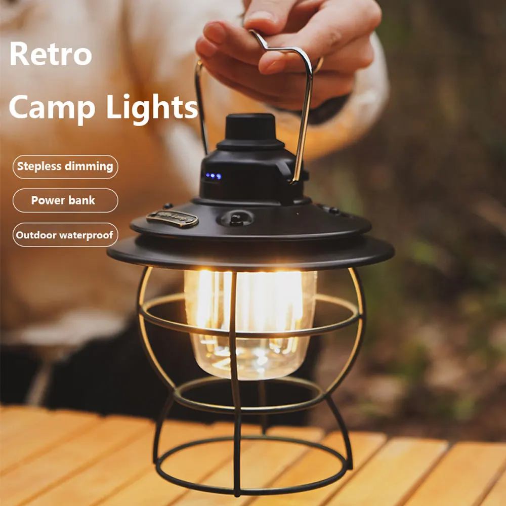 Retro Camping Lantern COB Camping Lights Waterproof Garden Decoration Lamp  Rechargeable Hanging Lamp with Hook Outdoor Lighting - AliExpress