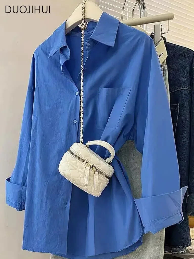 Duomofu Autumn Vintage Dark Blue Loose Female Shirt New Chic Pocket Basic Single Breasted Fashion Solid Color Simple Women Shirt стул chic bluvel 06 blue каркас