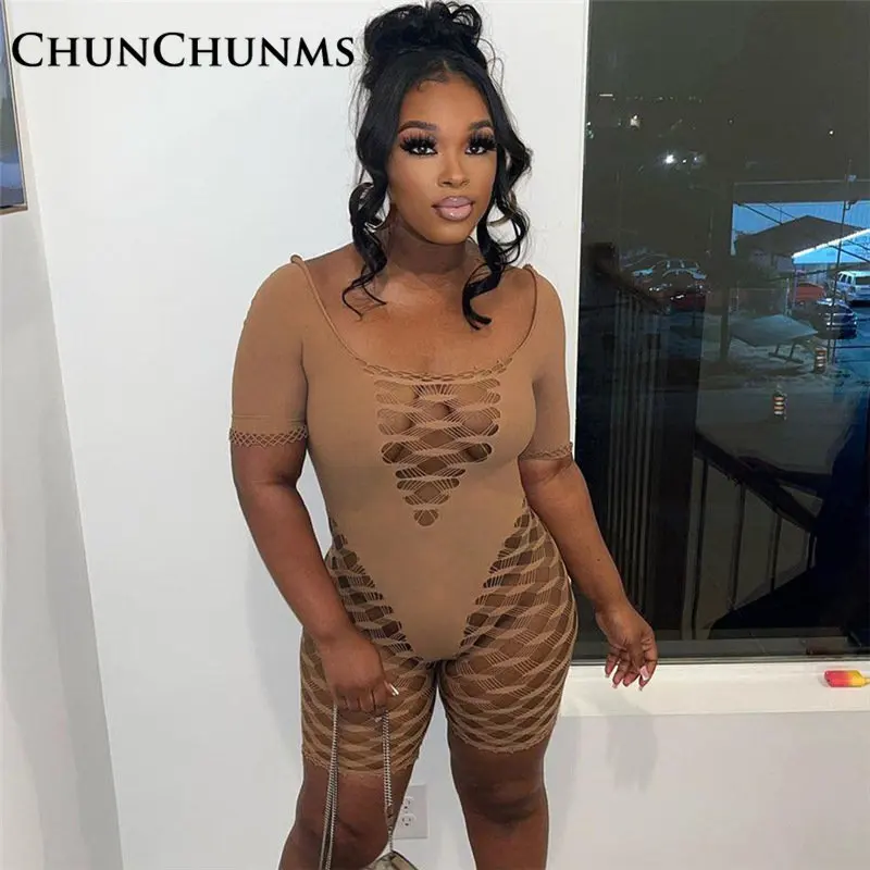

Sexy Hollow Out Fishnet Mesh Tight Playsuit Women Club Night One Piece Shorts Stretch Short Sleeve Low Chest Rompers Summer 2023