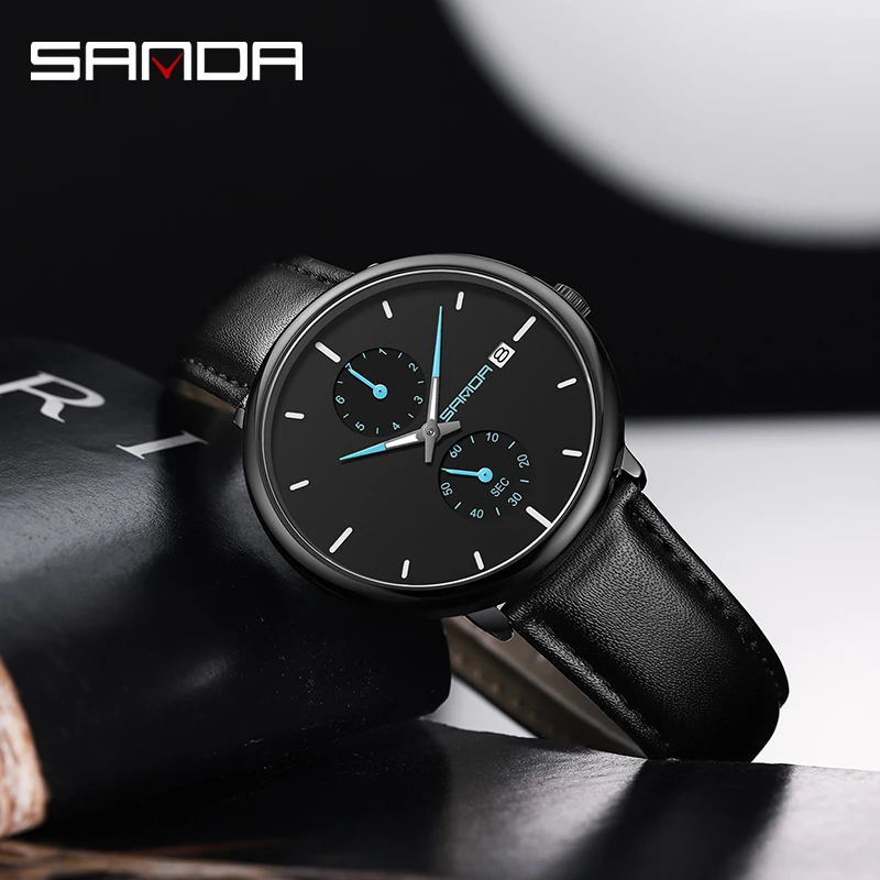 SANDA All Black Casual Fashion Mens Simple Watches Quartz Watch Chronograph Stopwatch Luminous Waterproof Clock Mesh Steel Strap
