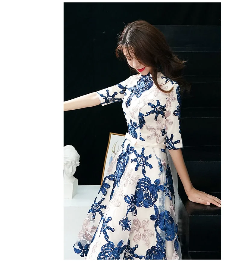 Simple Lace Flower Blue Prom Dresses 2020 Vintage High Neck A-line Short Homecoming Dresses With Half Sleeves simple prom dresses