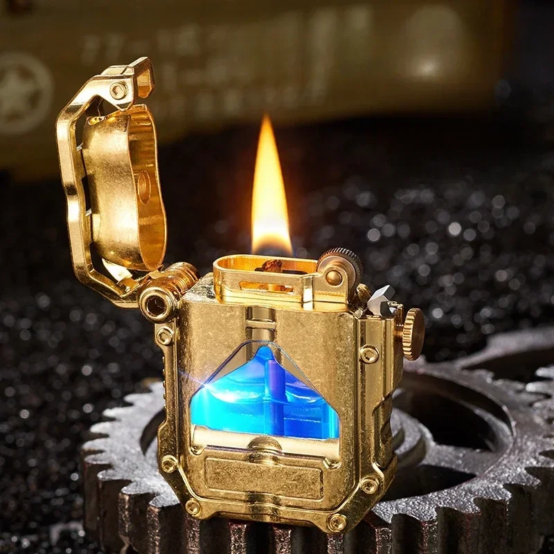 

2023 Mecha Metal Kerosene Lighter Grinding Wheel Ignition LED Blue Oil Compartment Decompression Portable Men's High End Gift