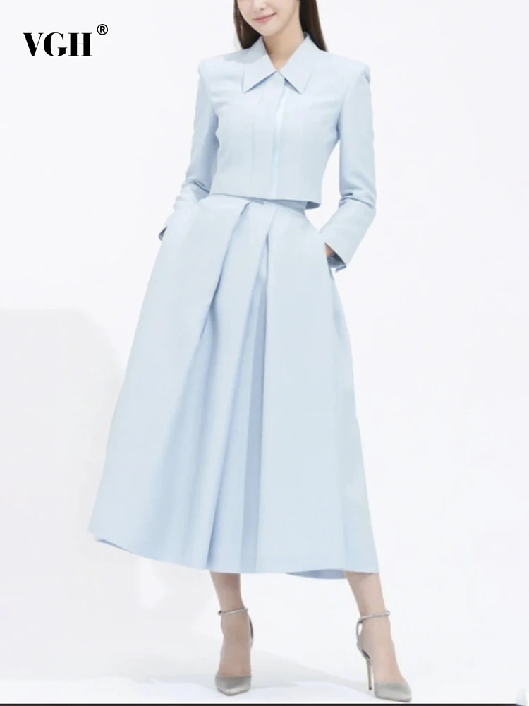 

VGH Solid Elegant Two Piece Set Womens Lapel Long Sleeve Tops High Waist A Line Midi Skirts Solid Sets Female Clothing Fashion