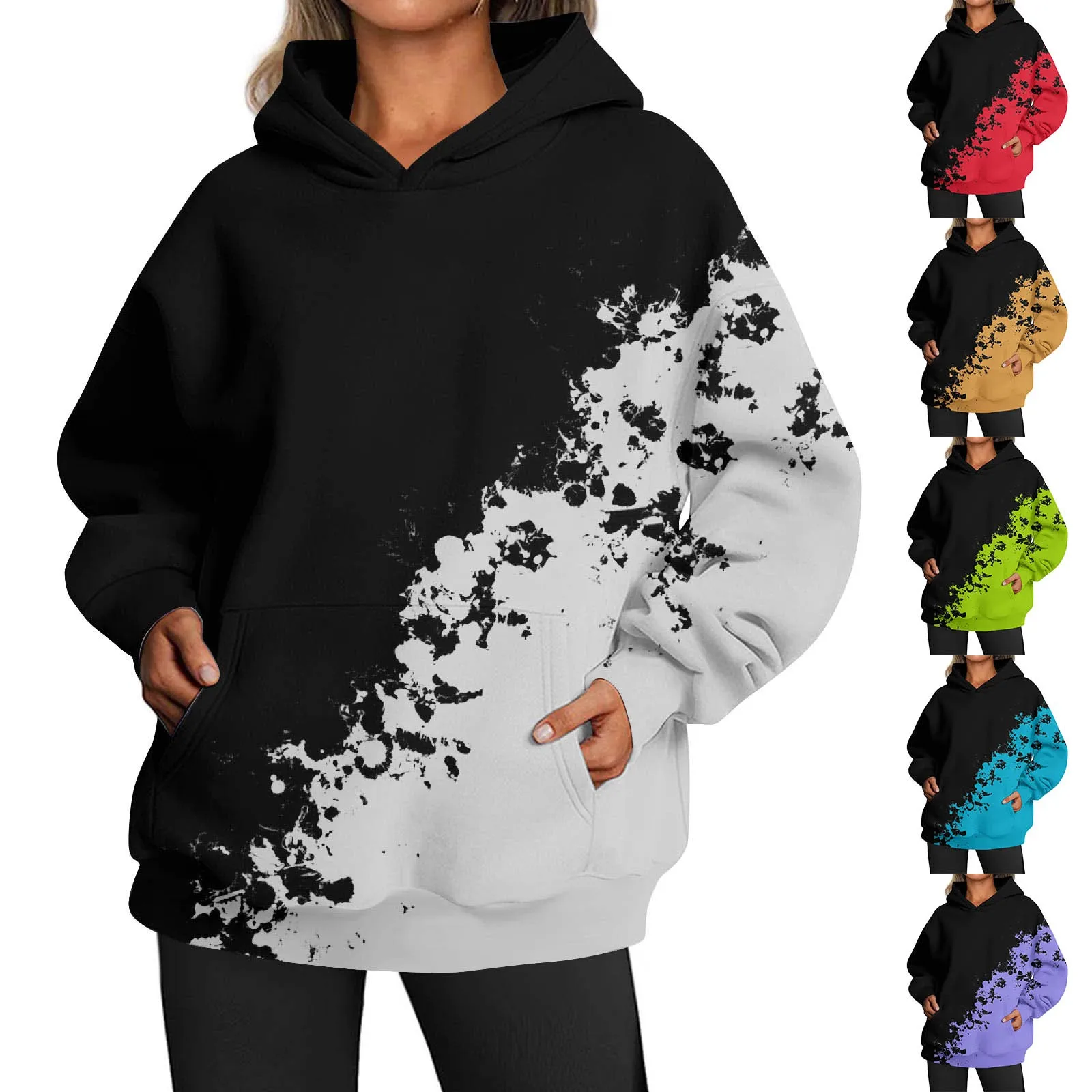 

Harajuku Hooded Sweatshirts Winter Oversized Pullover Patchwork Color Long Sleeves Fleece Hoodie Y2K Aesthetic Loose Streetwear