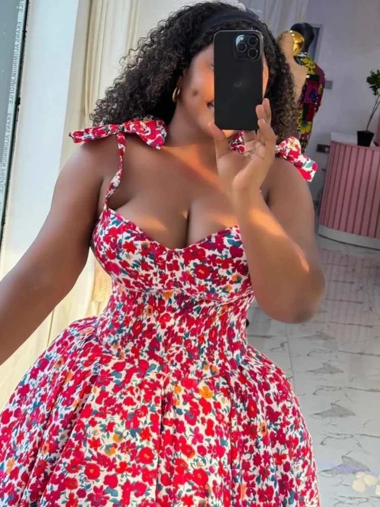 Wmstar Dresses for Women Wholesale Floral Print V Neck Tank Slip Bow Makes A Tall Waist Look Mini Dress 2025 New in Summer