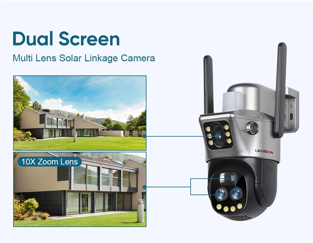 12MP 4G/WiFi Solar Camera Dual Screen Three Lens 10X Zoom Outdoor Surveillance C