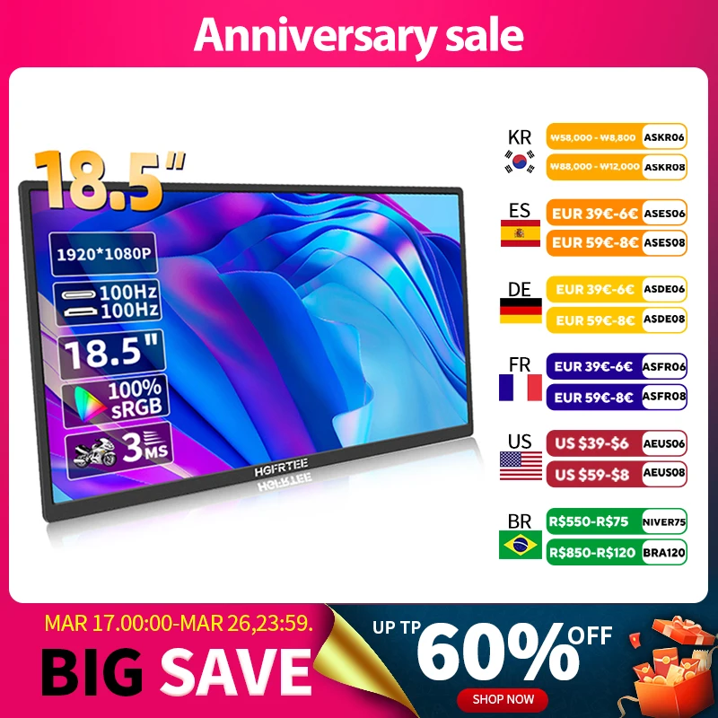 HGFRTEE 18.5inch Portable Monitor 100Hz RGB100% With VESA Hole & Back bracket Laptop Extended Display ADS-IPS HDR Screen 1