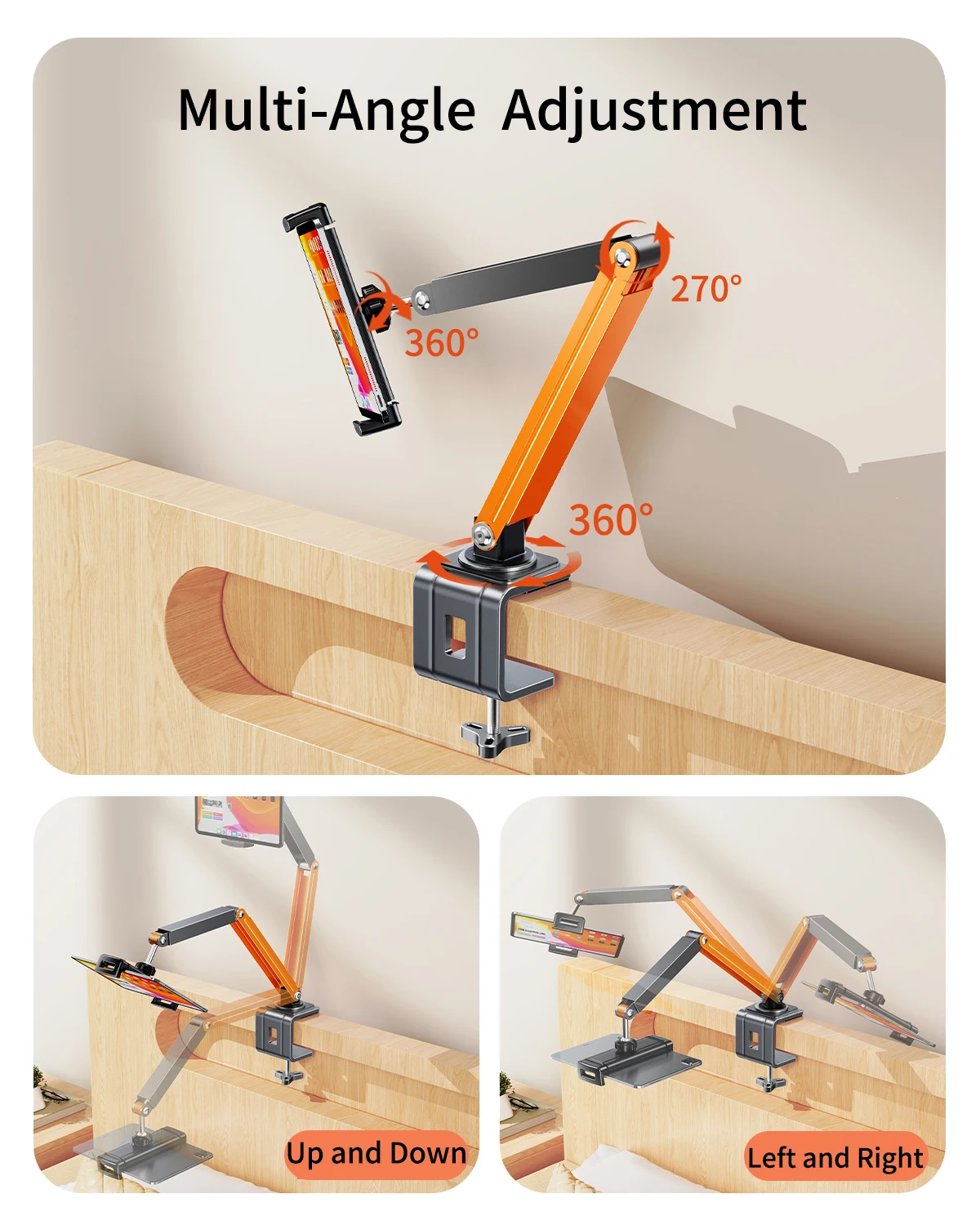 Eary Phone Holder Tablet Stand Mount For Desktop Bedside Three-Stage Telescopic Foldable Rotatable With Metal Clamp Lazy Bracket