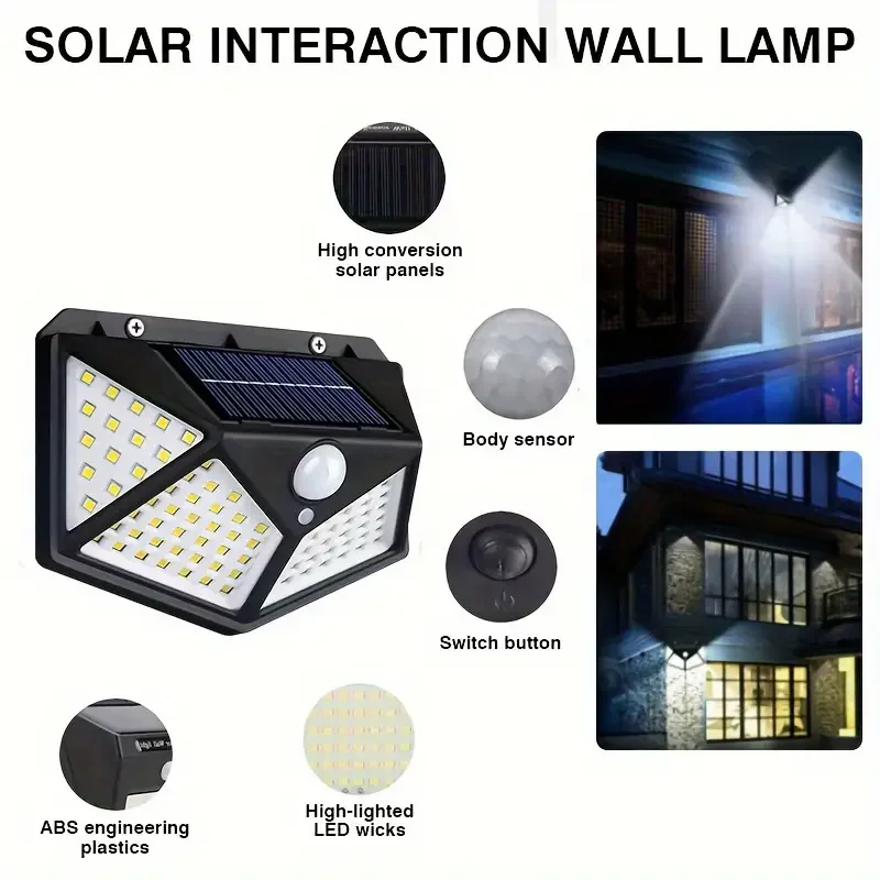 1~12PCS 100 LED Solar Wall Lamp 4 Sides Luminous With Motion Sensor Outdoor Garden Courtyard Waterproof Wall Light 3