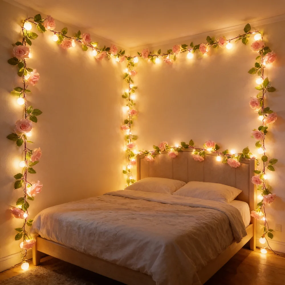 Battery Powered Home Decor Flower Green Leaf String Lights Artificial Vine Fairy Lights Christmas Tree Garland Light for Wedding