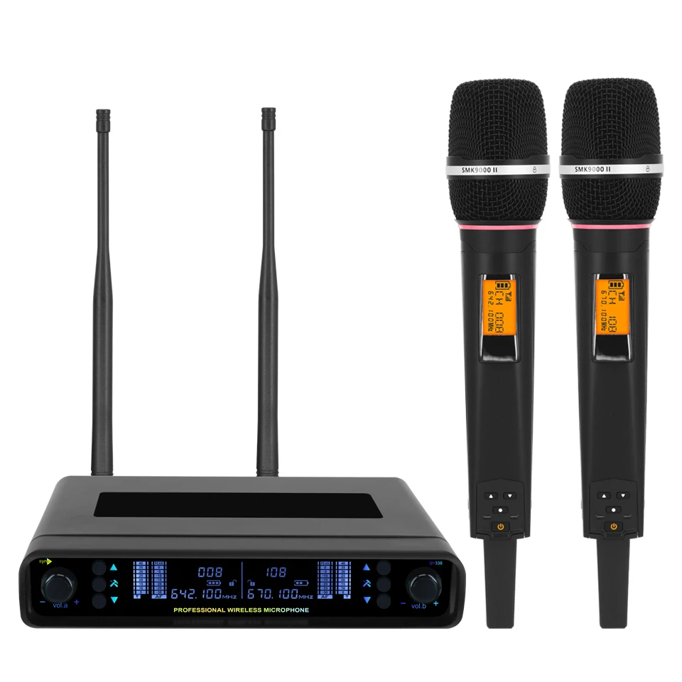 

Professional dual wireless microphone system, dynamic, 2-channel handheld, used for stage performances, family gatherings, KTV