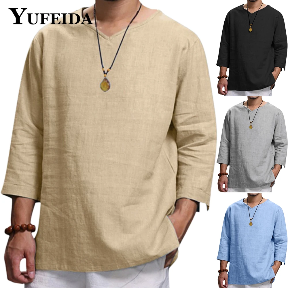

YUFEIDA New Men's Casual V Neck Cotton Linen T Shirts Male Breathable Solid Color Long Sleeve Casual Loose Linen Tee Shirt Tops