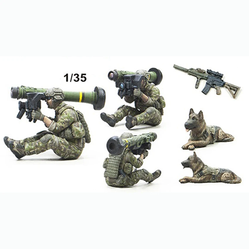 Unmontierte 1/35 Green Berets mit Javelin-Rakete und Hundesoldatenfigur, Resin-Figuren-Miniaturmodellbausätze, unbemalt