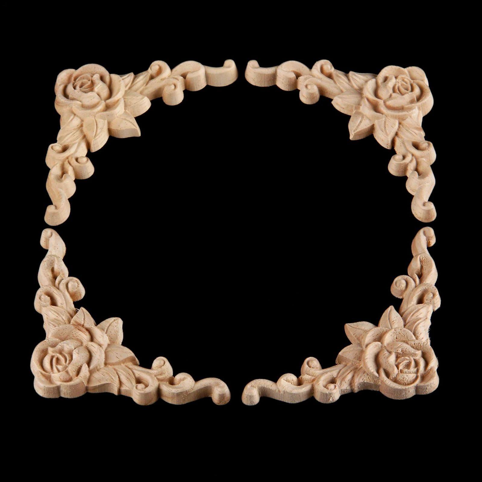4 Stück Holzapplikationen mit Rosenmuster für Möbel, handgefertigt, geschnitzte Eckdekoration für Zuhause, Wand, Tür, Schrank, Tür, Schrank, 8 x 8 cm