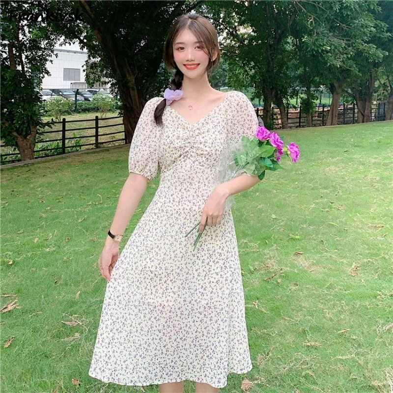 

Women Dresses Floral Dresses Elegant Casual Summer V--neck Korean Style Ins Fashion A-line New Arrival Vintage Popular Holiday